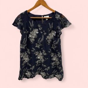 Beautiful mesh floral embroidered navy cap sleeve flare top lined